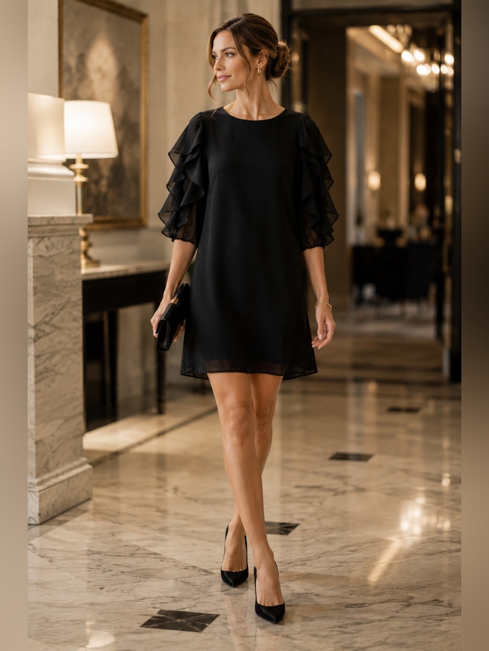 Vince Camuto Black Ruffle Sleeve Cocktail Dress Sheer Sleeve Size 2 Chic